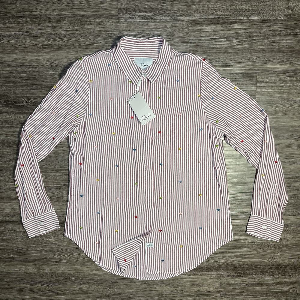 RAILS Taylor Button Down Shirt Women's S Marseille Stripe Rainbow Hearts Top NWT